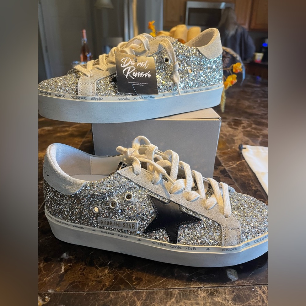 Golden Goose Hi Star Glitter Sneaker in Platinum & Black